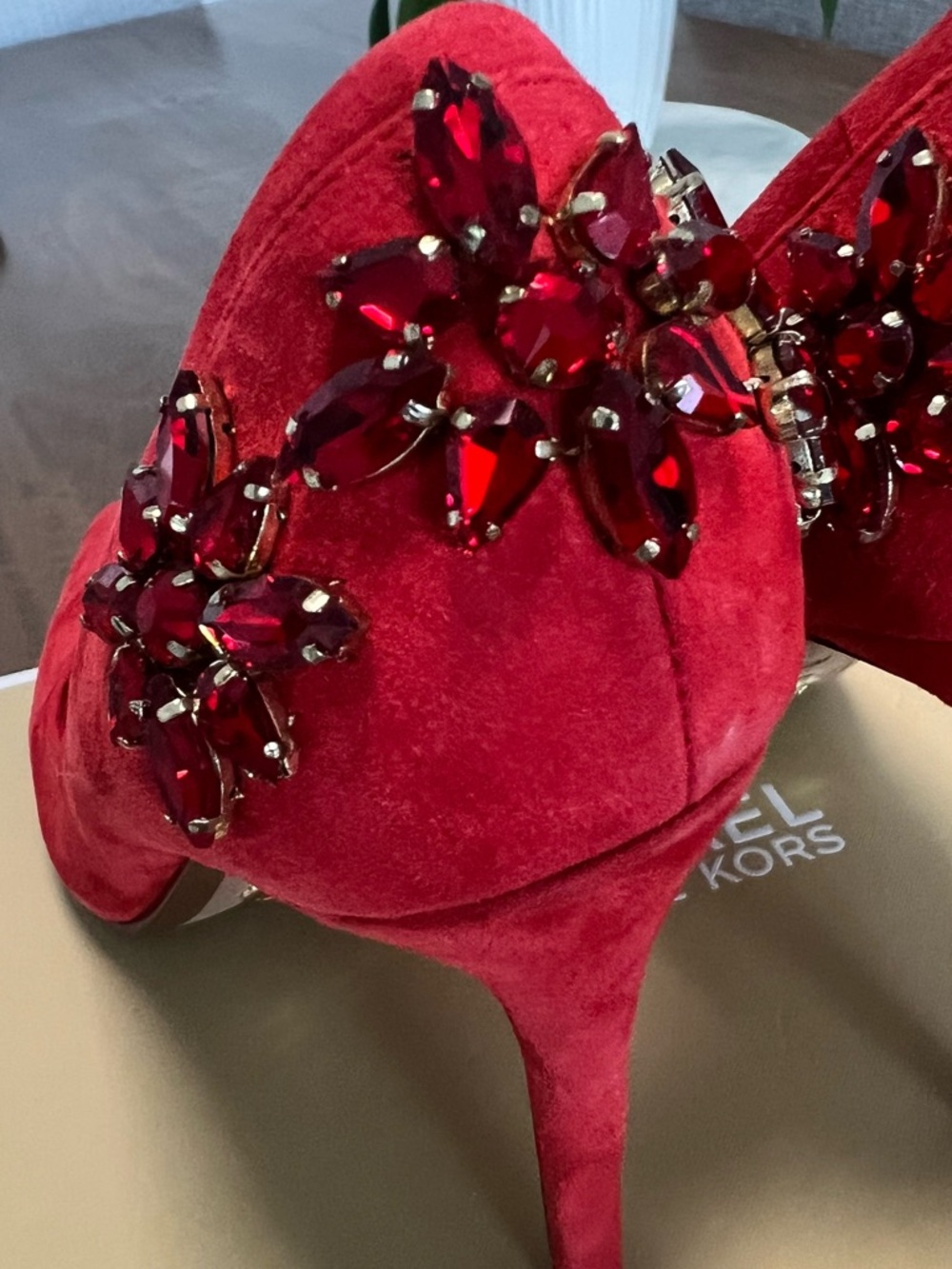 MICHAEL Michael Kors Red Suede Pointed Toe Pumps with Jeweled Back - Picture 6 of 7